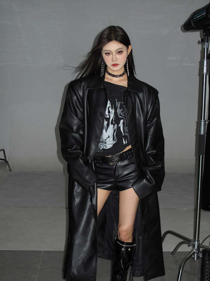 【23s October.】Long PU Leather Windbreaker Jacket-IYAMIUIO