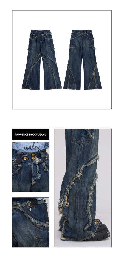 Personsoul Tie-Dye Raw-Edge Baggy Jeans-IYAMIUIO