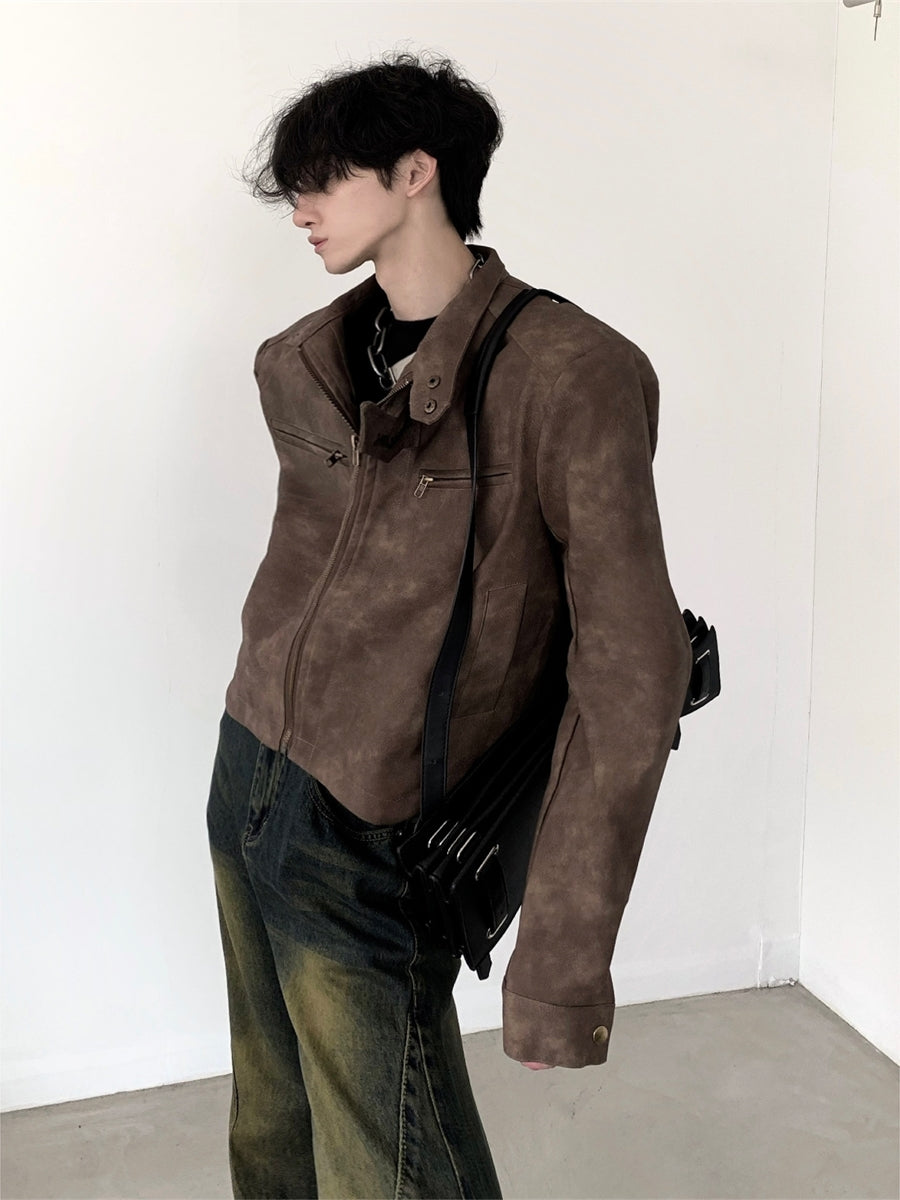 【23s August.】Brown Shoulder Pad Leather Jacket-IYAMIUIO