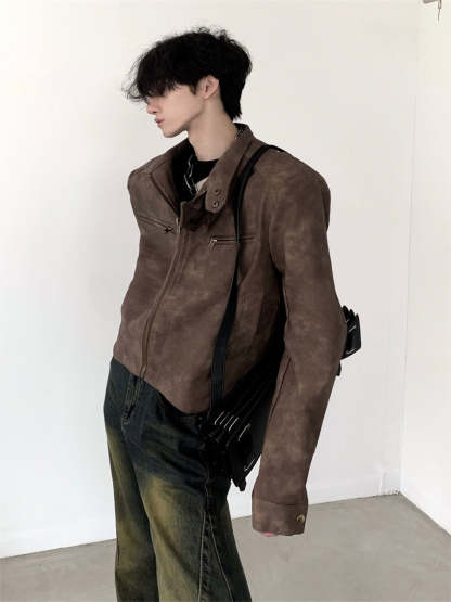 【23s August.】Brown Shoulder Pad Leather Jacket-IYAMIUIO