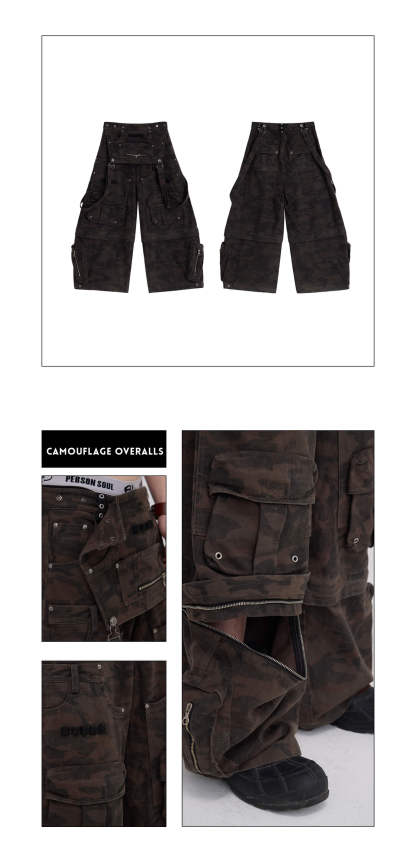 Personsoul Brown Camo Overalls with Zip-Off Legs-IYAMIUIO