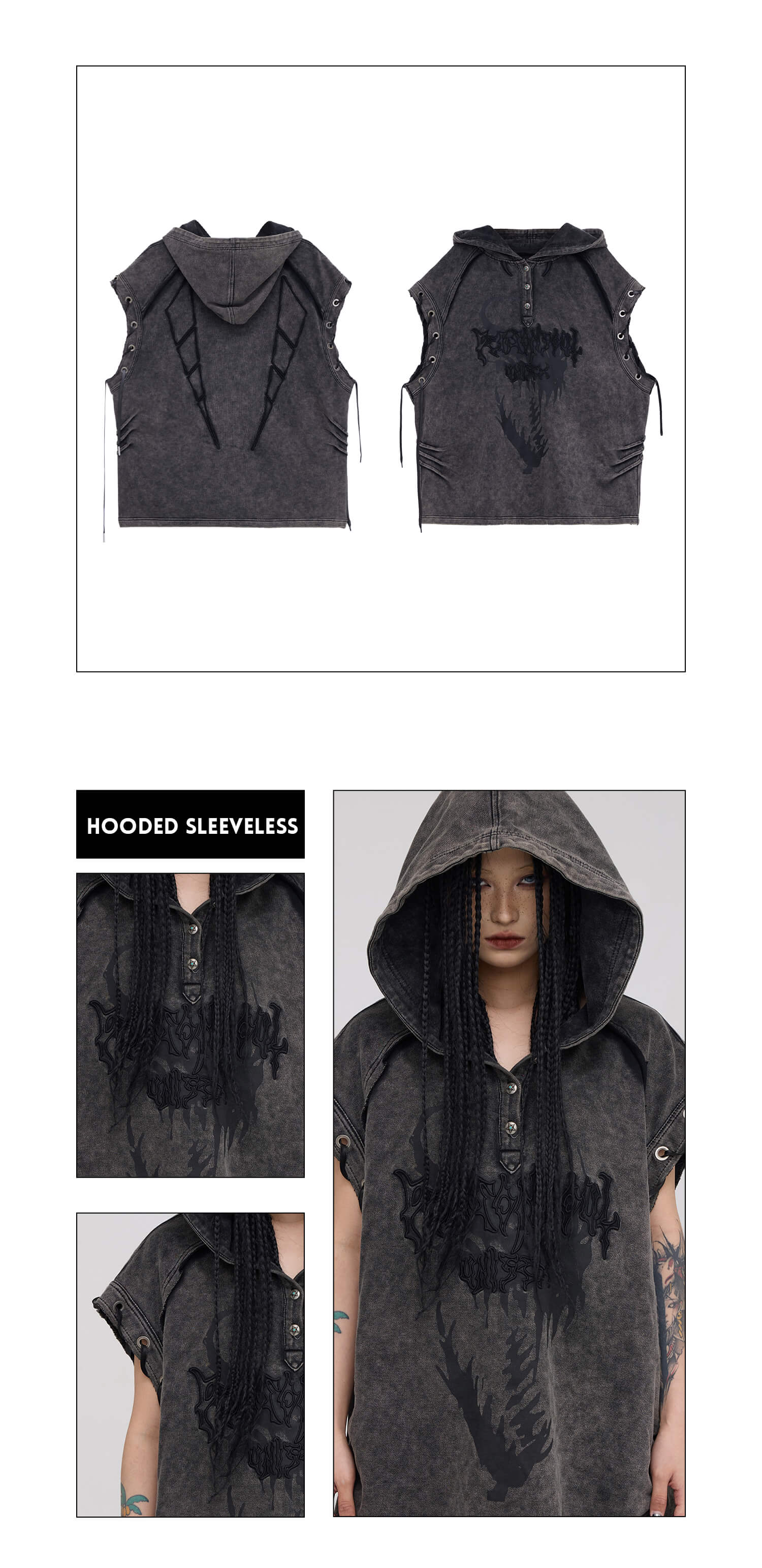 Personsoul Button Collar Hooded Sleeveless Sweatshirt-IYAMIUIO