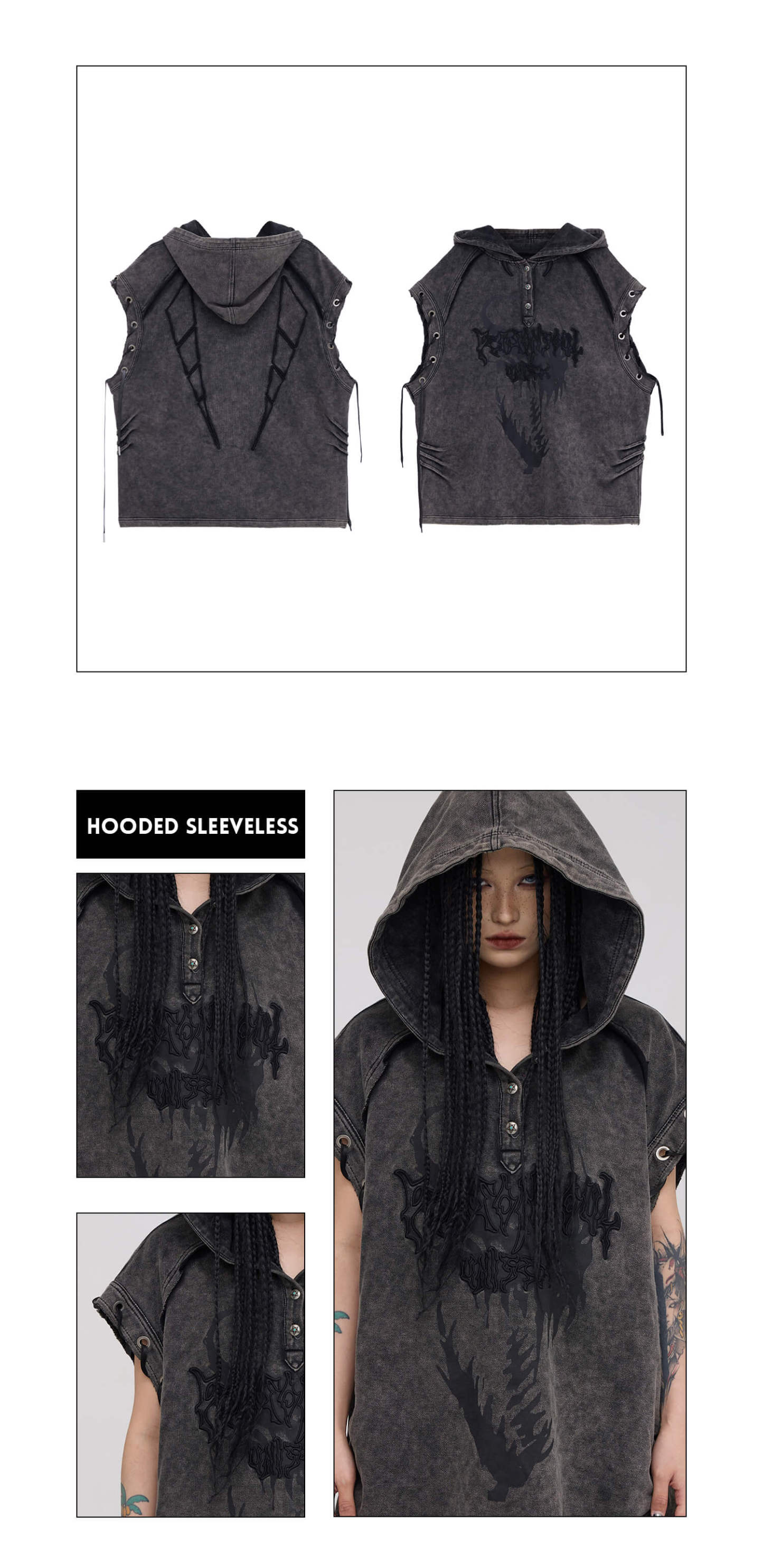 Personsoul Button Collar Hooded Sleeveless Sweatshirt-IYAMIUIO
