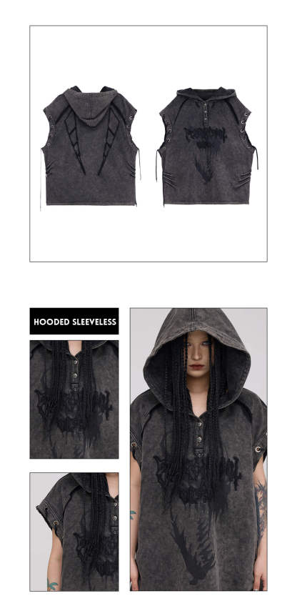Personsoul Button Collar Hooded Sleeveless Sweatshirt-IYAMIUIO