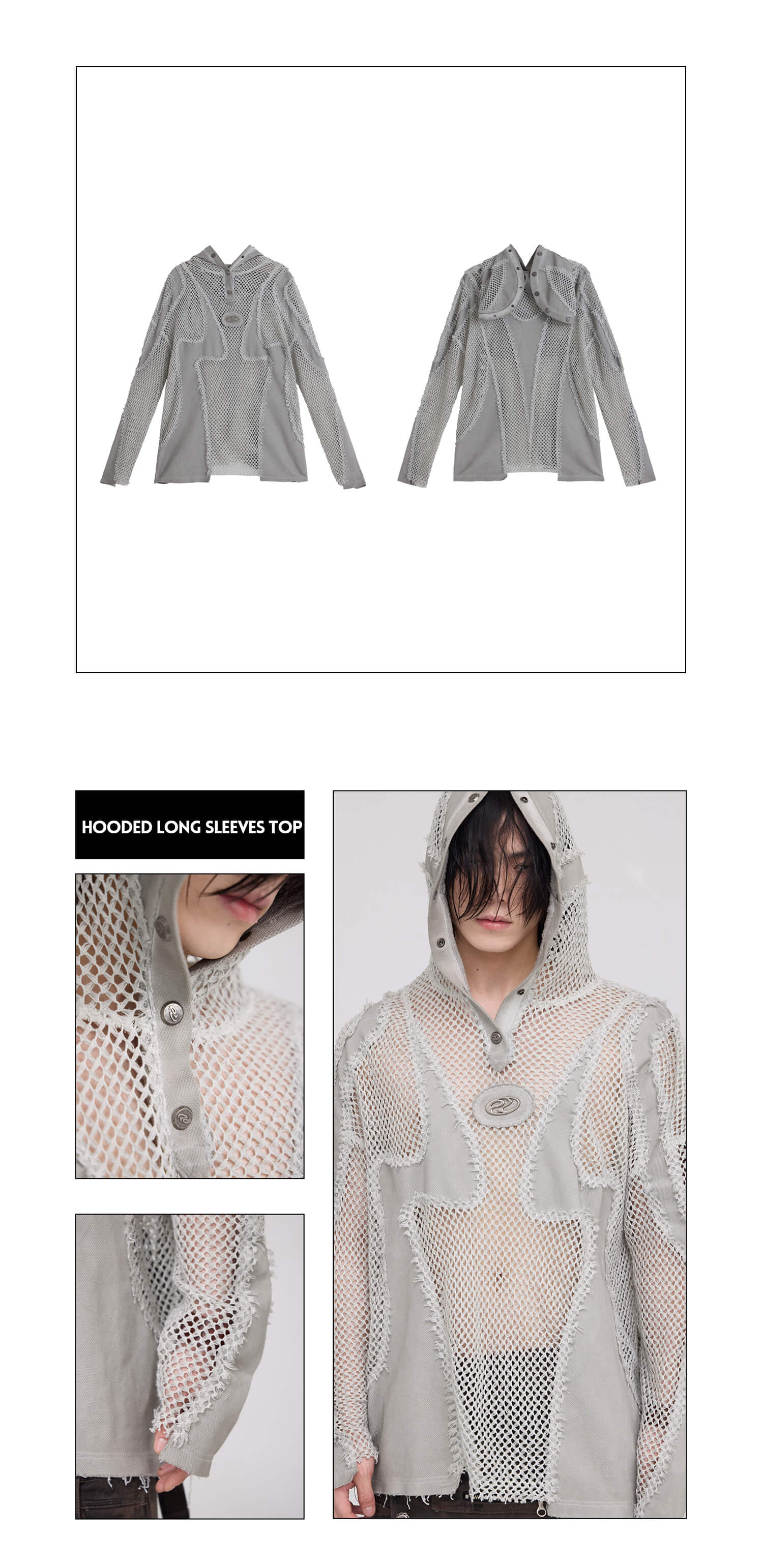 Personsoul Split Mesh Hooded Long Sleeves Top-IYAMIUIO