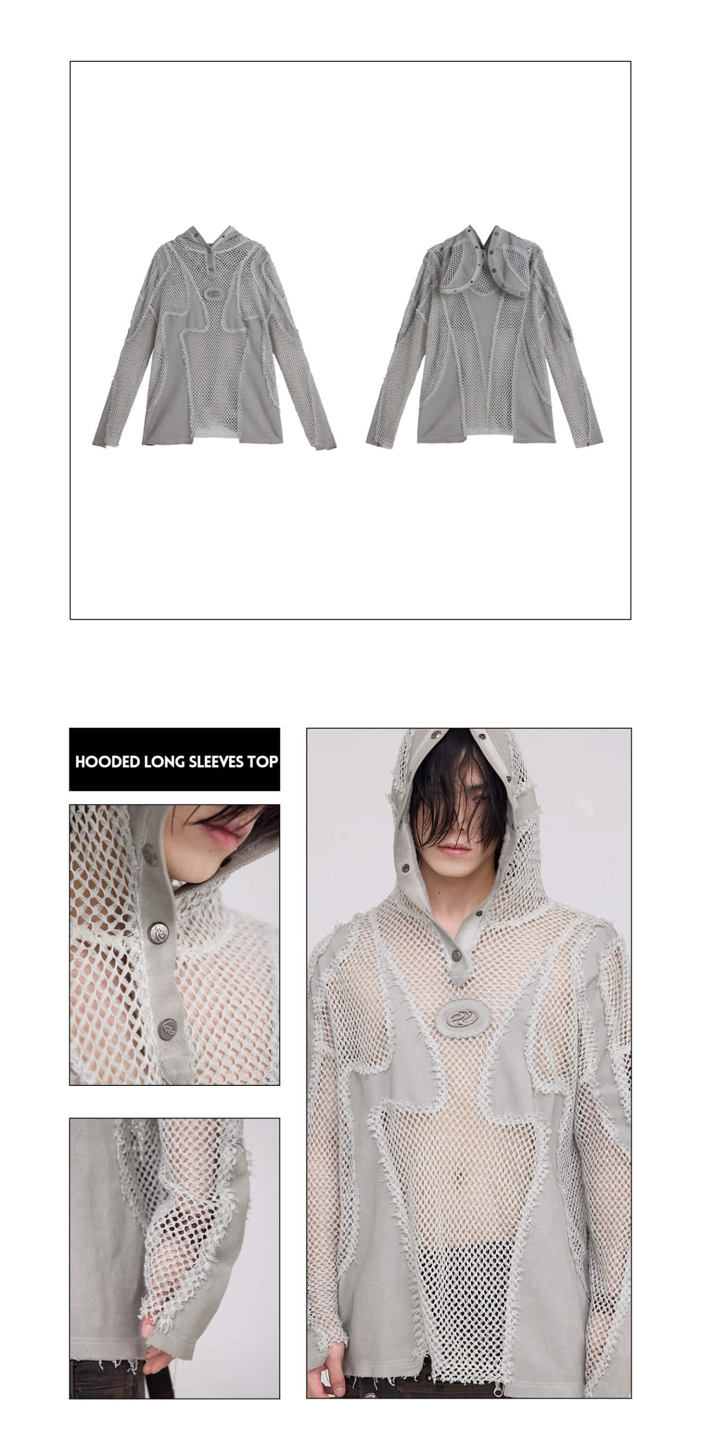 Personsoul Split Mesh Hooded Long Sleeves Top-IYAMIUIO