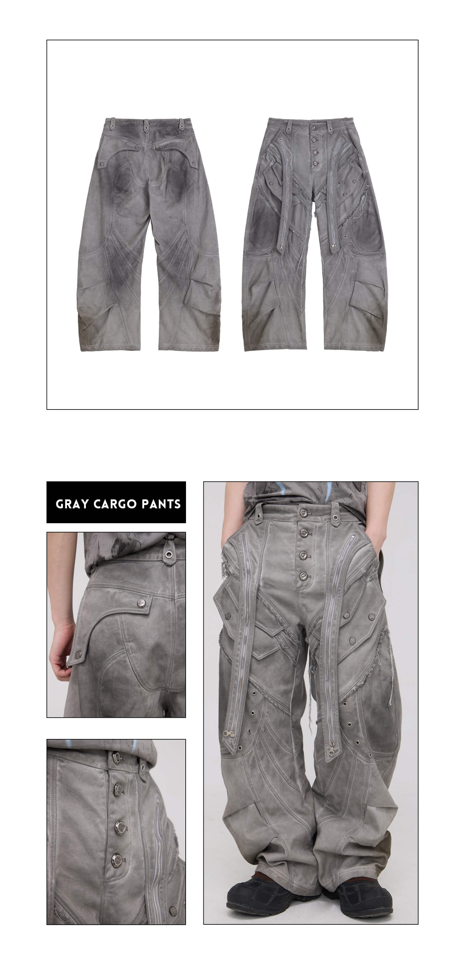 Personsoul Split Deconstructed Gray Cargo Pants-IYAMIUIO