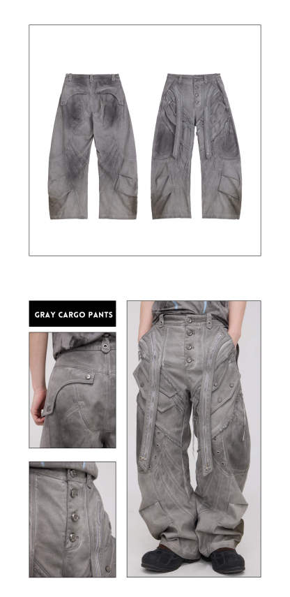 Personsoul Split Deconstructed Gray Cargo Pants-IYAMIUIO