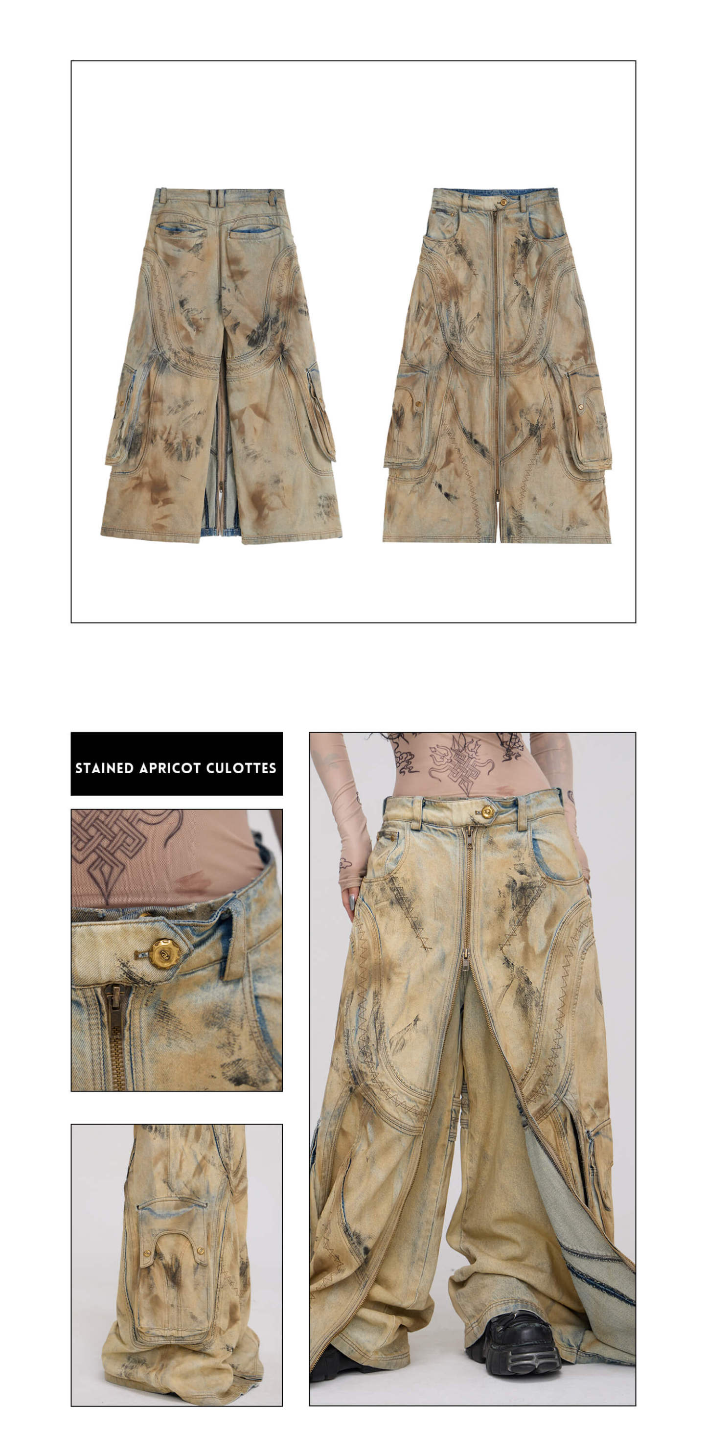 Personsoul Dirty Distressed Apricot Gaucho Pants-IYAMIUIO