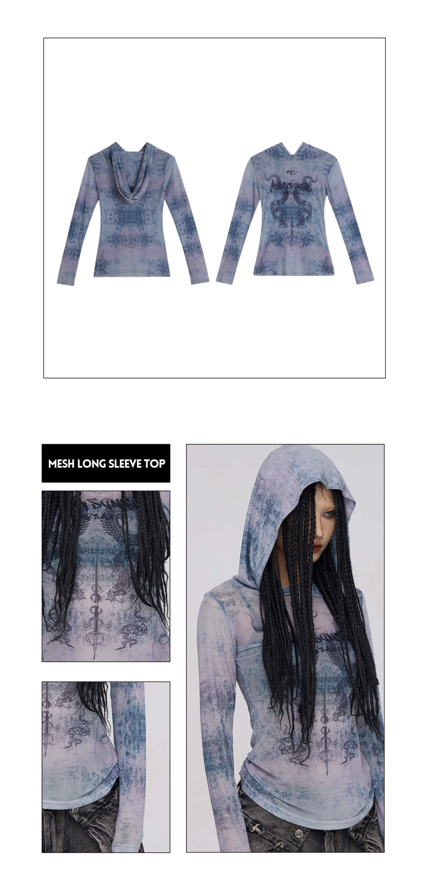 Personsoul Dragon Print Hooded Mesh Long Sleeve Top-IYAMIUIO
