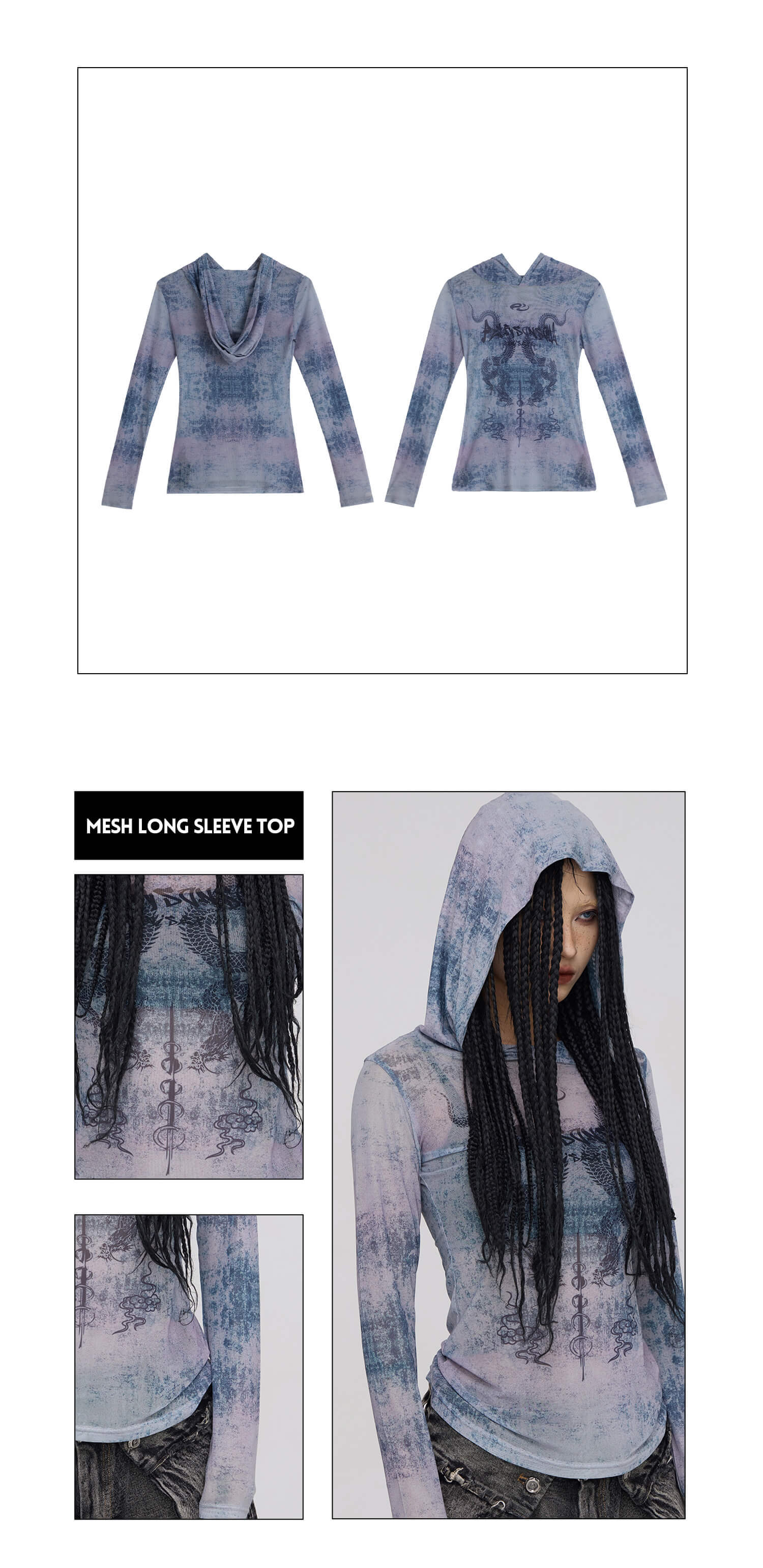 Personsoul Dragon Print Hooded Mesh Long Sleeve Top-IYAMIUIO
