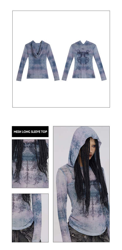 Personsoul Dragon Print Hooded Mesh Long Sleeve Top-IYAMIUIO