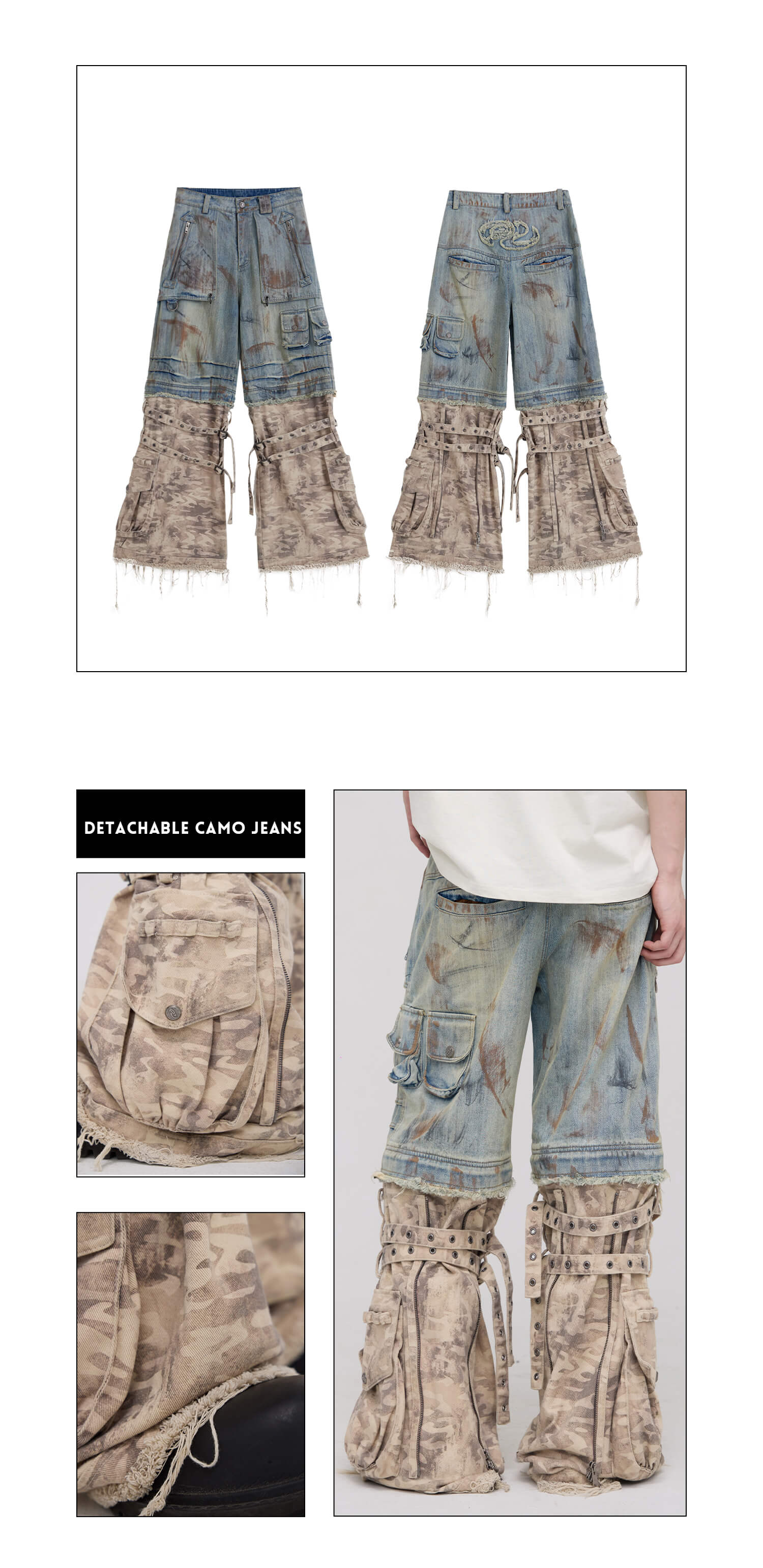 Personsoul Detachable Paneled Camo Baggy Jeans-IYAMIUIO