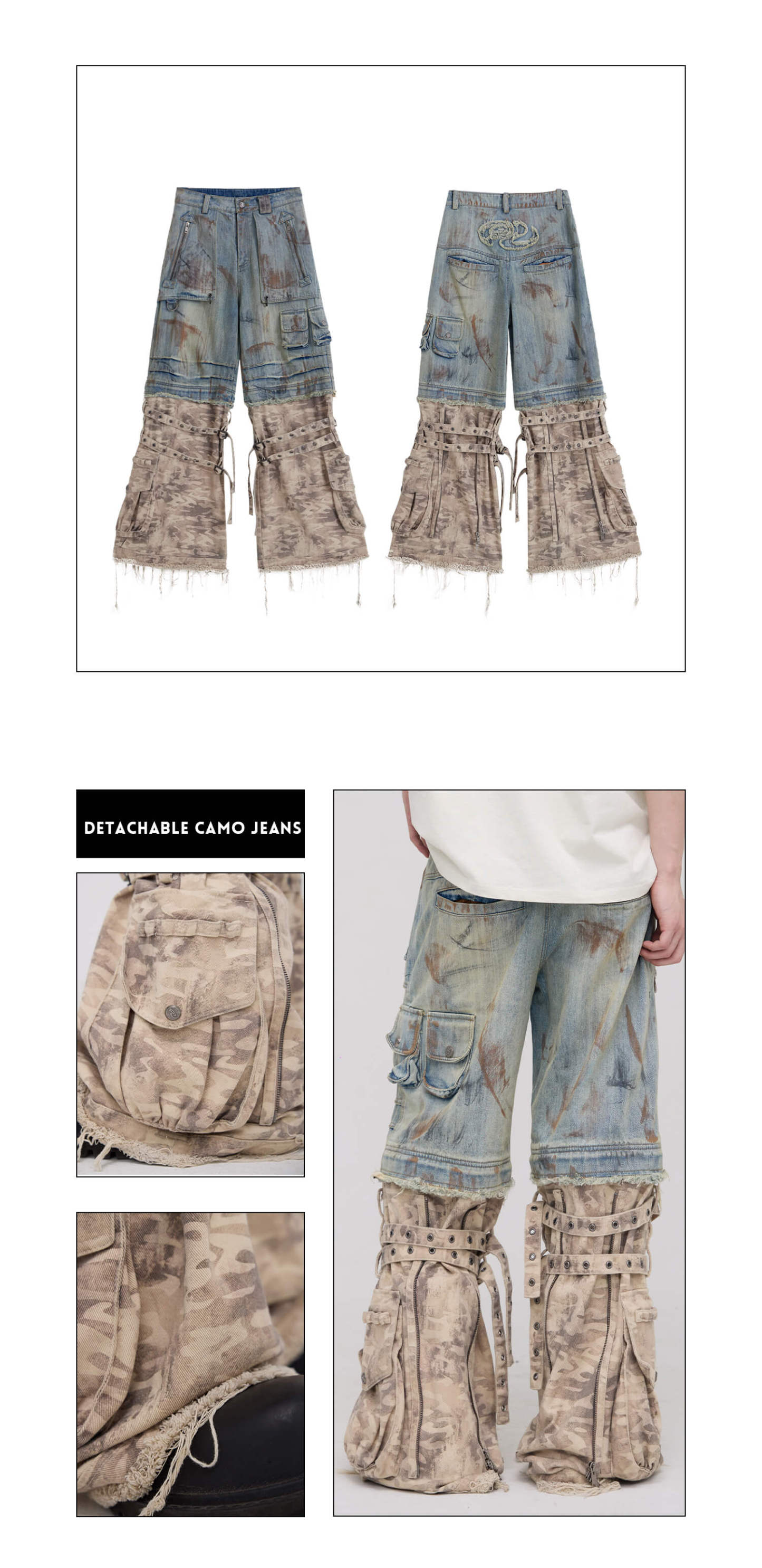 Personsoul Detachable Paneled Camo Baggy Jeans-IYAMIUIO