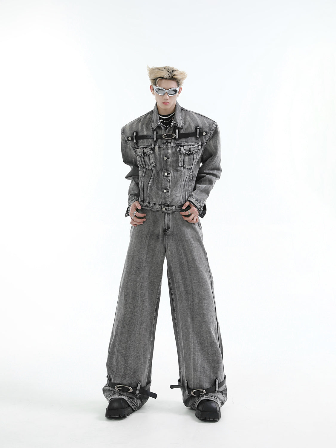 【24s Aug.】Heavy Distressed Belt-decorated Denim Suit-IYAMIUIO