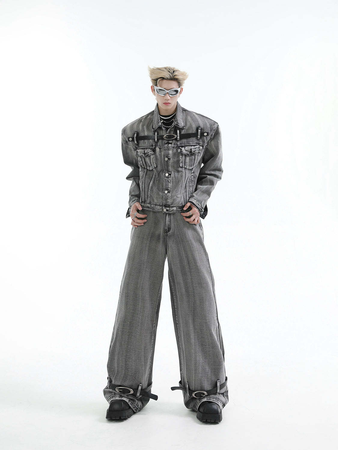【24s Aug.】Heavy Distressed Belt-decorated Denim Suit-IYAMIUIO