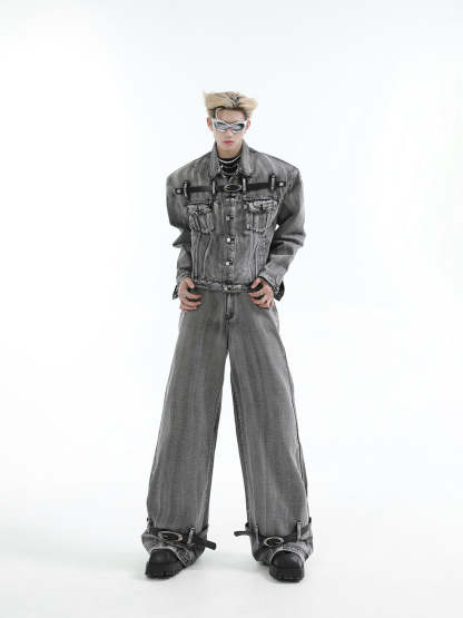 【24s Aug.】Heavy Distressed Belt-decorated Denim Suit-IYAMIUIO