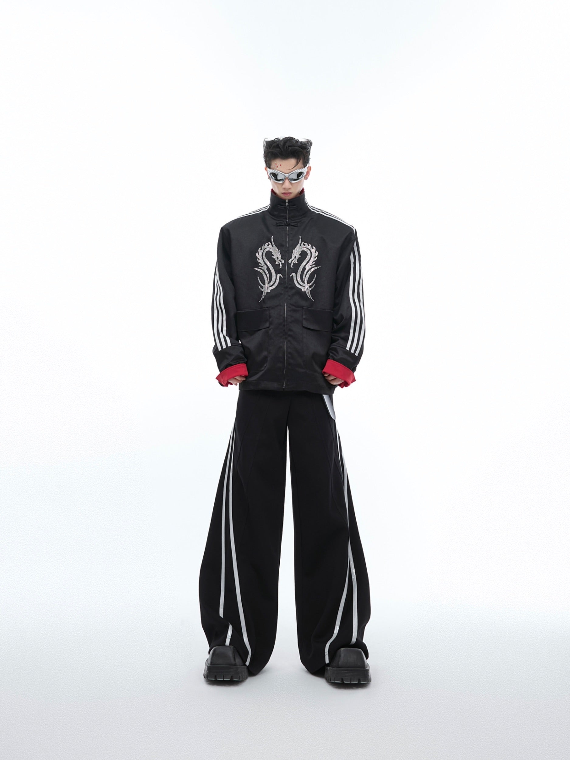 【24s May.】Stand-collar Disc-button Dragon-print Diamond-embellished Jacket-IYAMIUIO