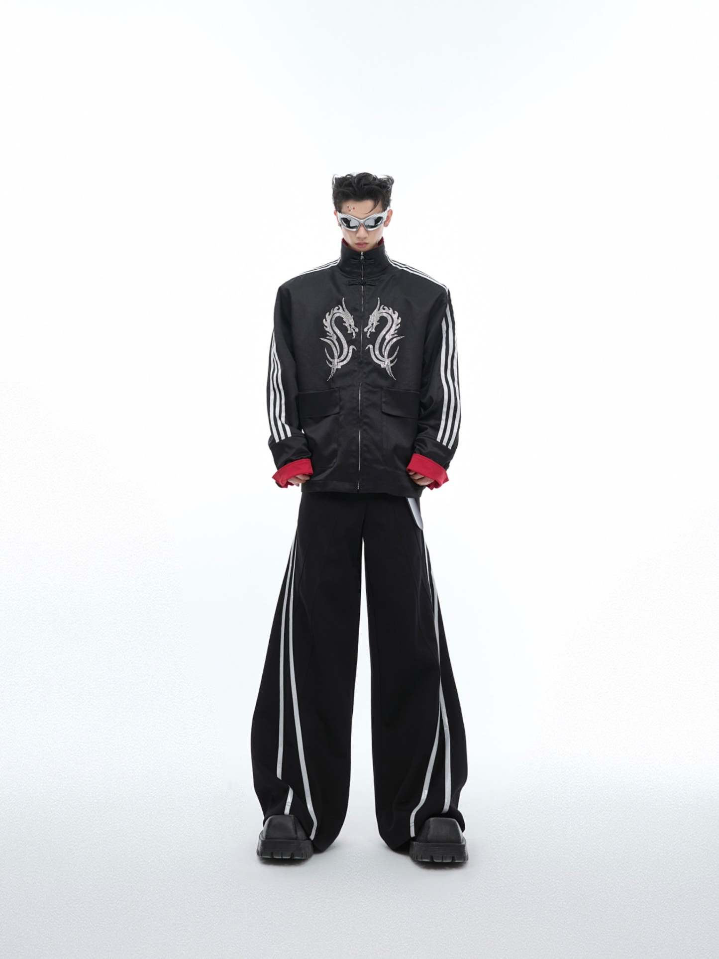 【24s May.】Stand-collar Disc-button Dragon-print Diamond-embellished Jacket-IYAMIUIO