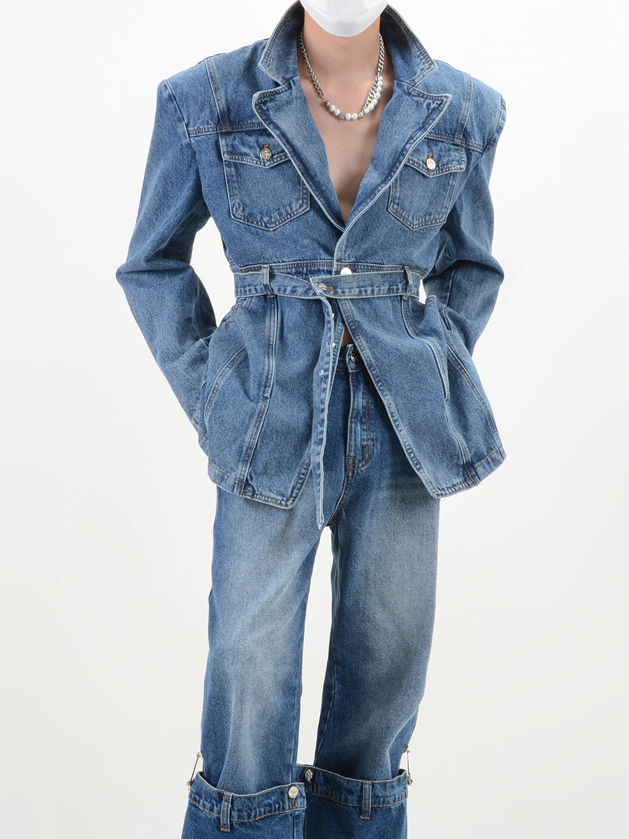 【23s November.】V-neck Denim Jacket with Cinched Waist-IYAMIUIO