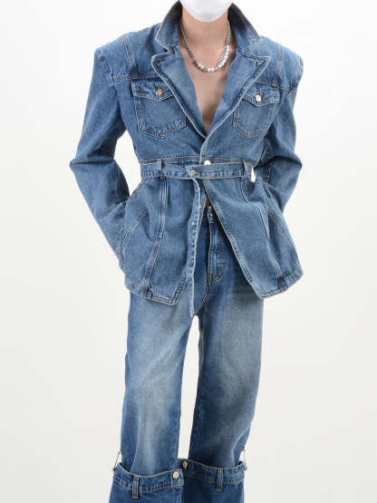 【23s November.】V-neck Denim Jacket with Cinched Waist-IYAMIUIO