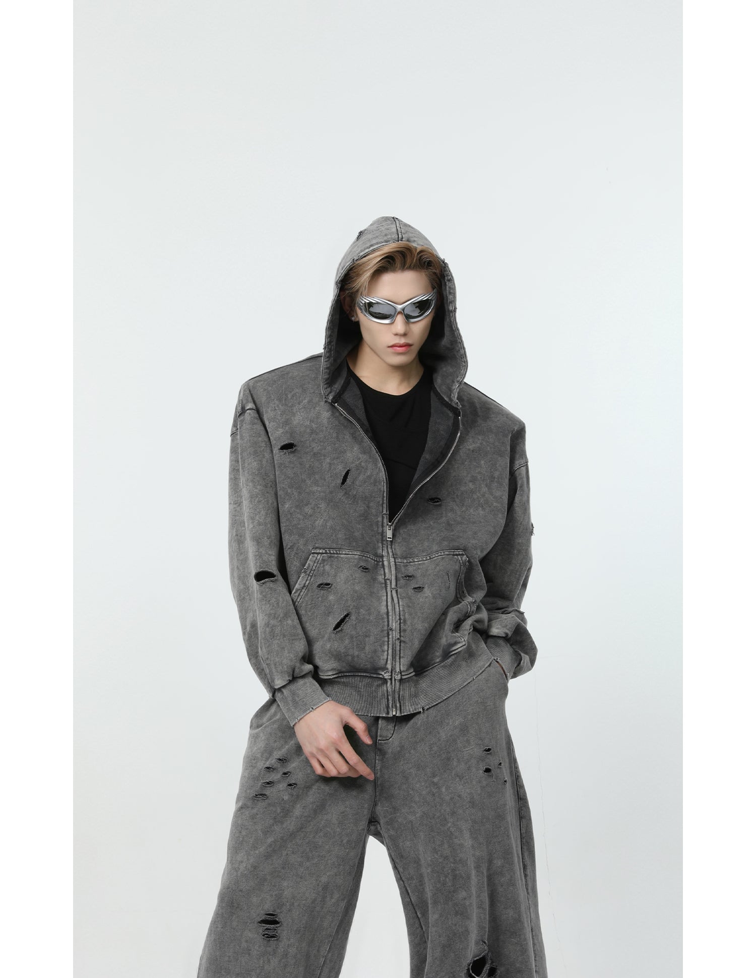 【24s March.】Destroyed Washed Distressed Hooded Cardigan Baggy Pants Suit-IYAMIUIO