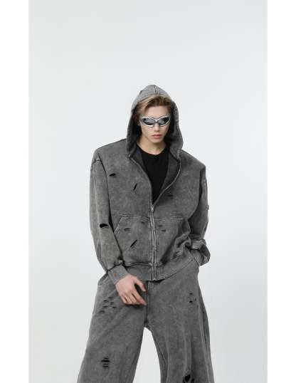 【24s March.】Destroyed Washed Distressed Hooded Cardigan Baggy Pants Suit-IYAMIUIO