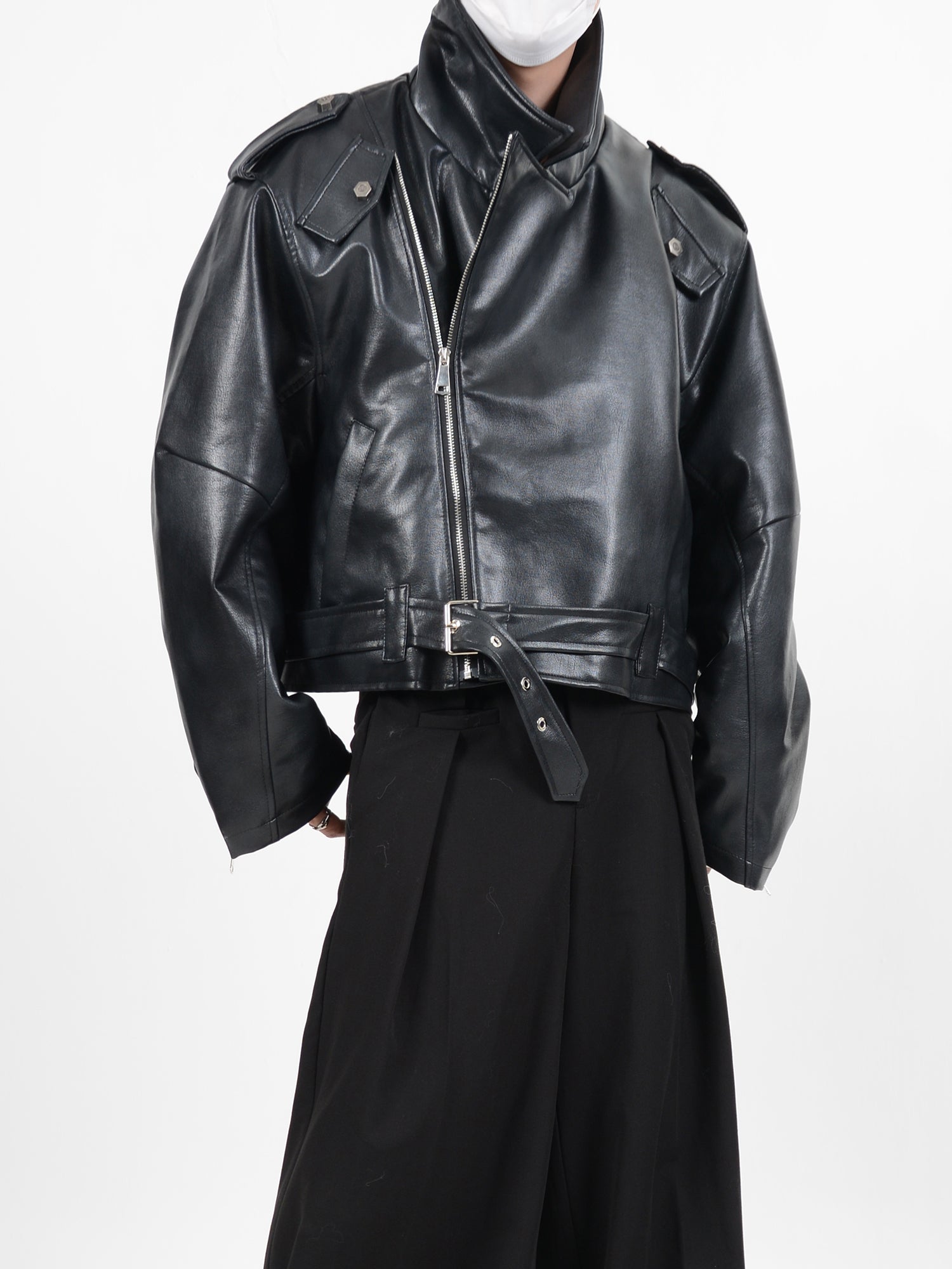 【24s January.】Deconstructed Diagonal Zipper Pu Leather Jacket-IYAMIUIO