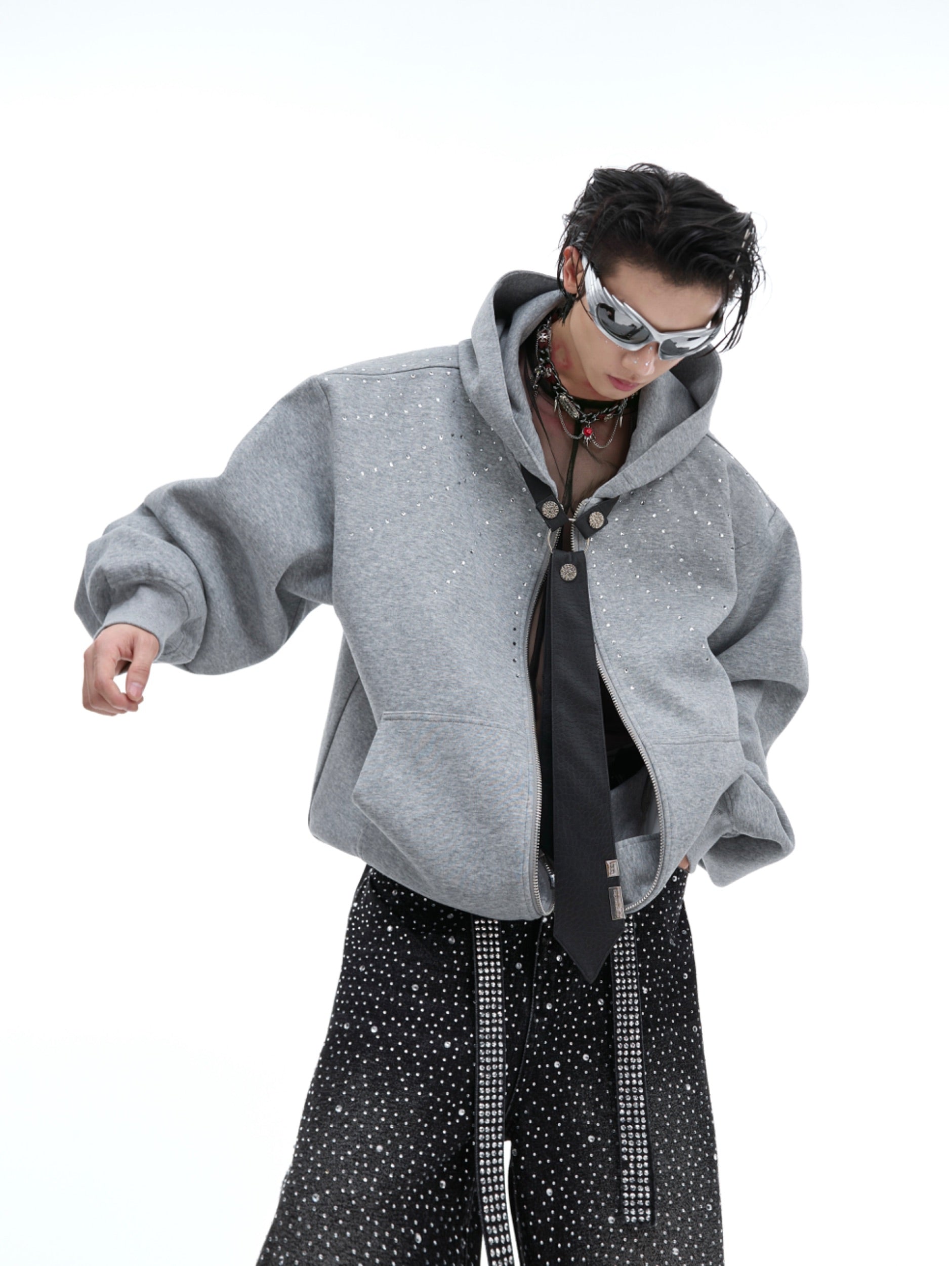 【24s Oct.】Rhinestone Detachable Tie Design Hoodie-IYAMIUIO