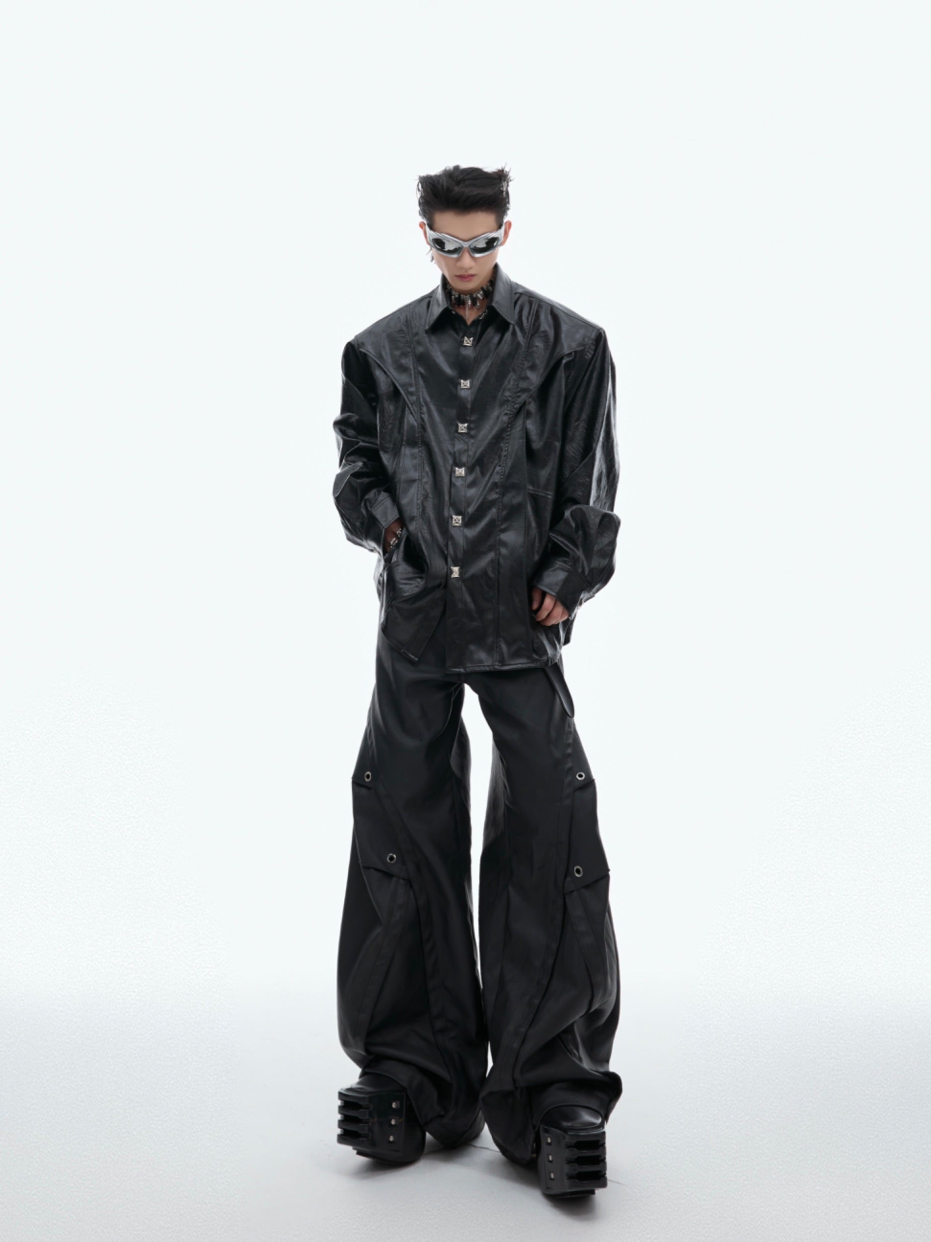 【24s Oct.】Deconstructed Metal Button Long Sleeve Leather Shirt-IYAMIUIO