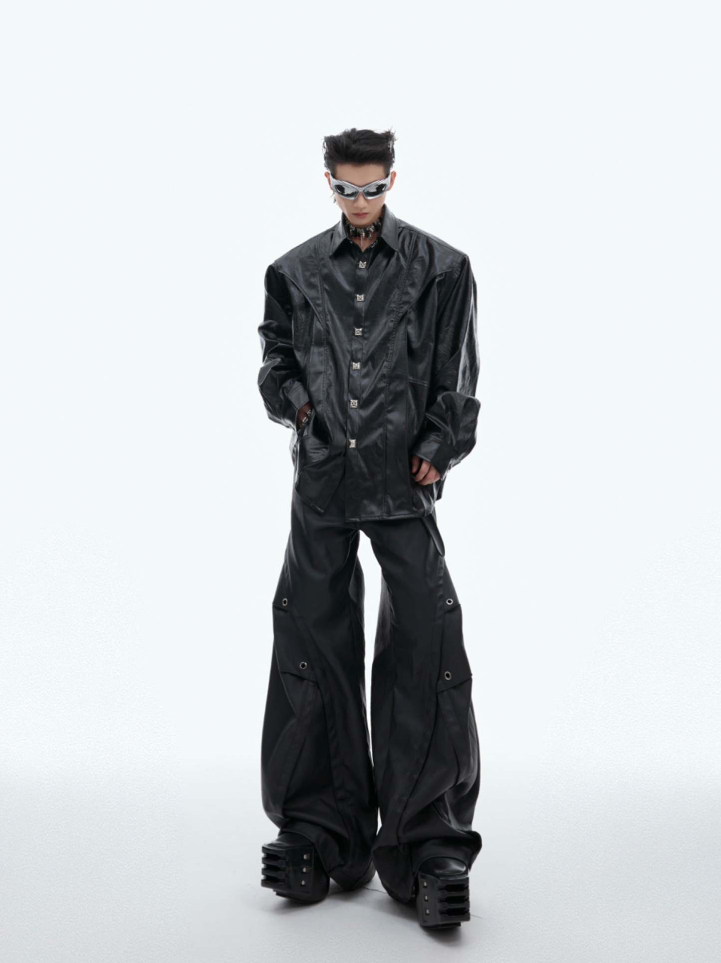 【24s Oct.】Deconstructed Metal Button Long Sleeve Leather Shirt-IYAMIUIO