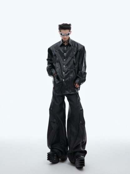 【24s Oct.】Deconstructed Metal Button Long Sleeve Leather Shirt-IYAMIUIO