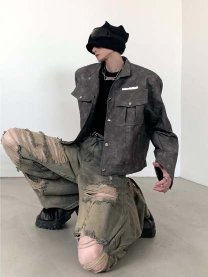 【24s March.】American High Street Short Leather Jacket-IYAMIUIO