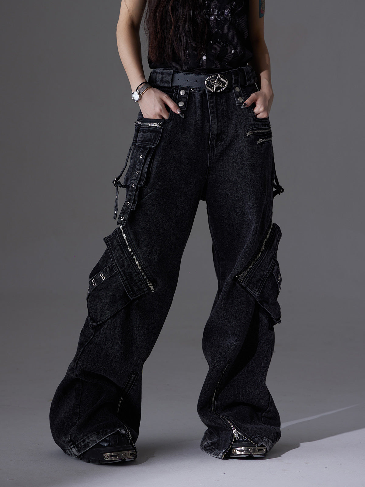 【24s June.】Patchwork Multi-pocket Cargo Jeans-IYAMIUIO