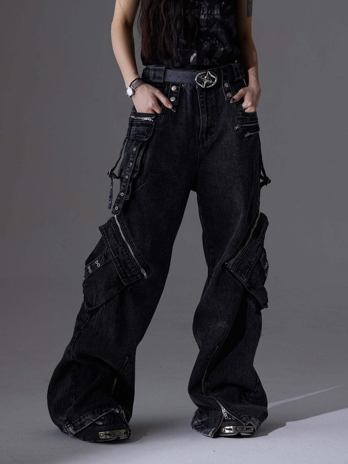 【24s June.】Patchwork Multi-pocket Cargo Jeans-IYAMIUIO