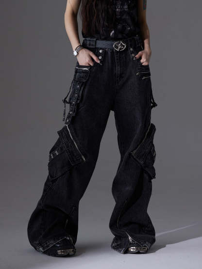 【24s June.】Patchwork Multi-pocket Cargo Jeans-IYAMIUIO