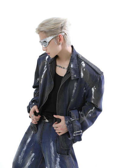 【24s Aug.】Distressed Dirty Dyed Painted Jacket Jeans Shorts Suit-IYAMIUIO