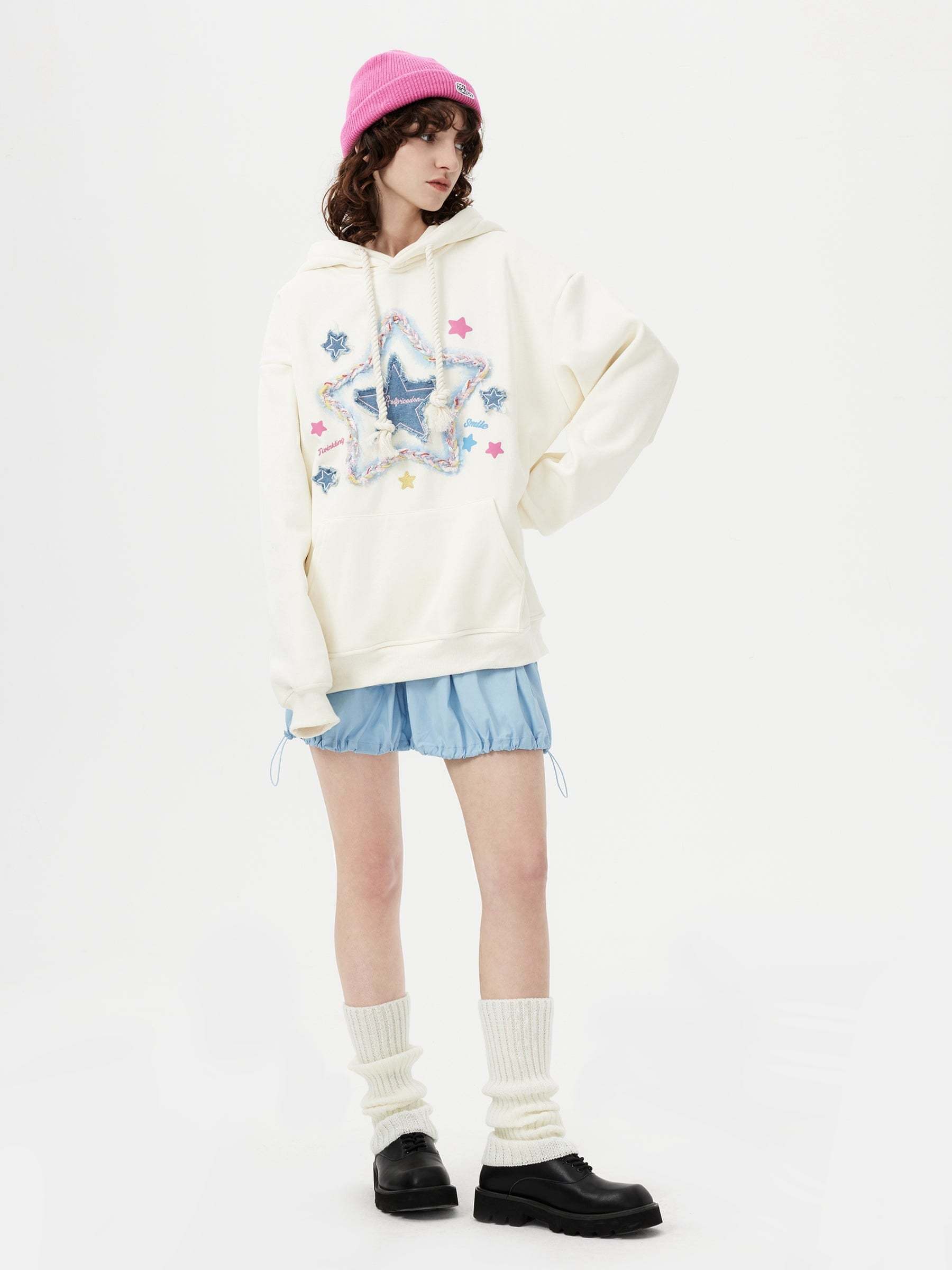 Aelfric Eden Denim Star Applique Embroidery Hoodie-IYAMIUIO