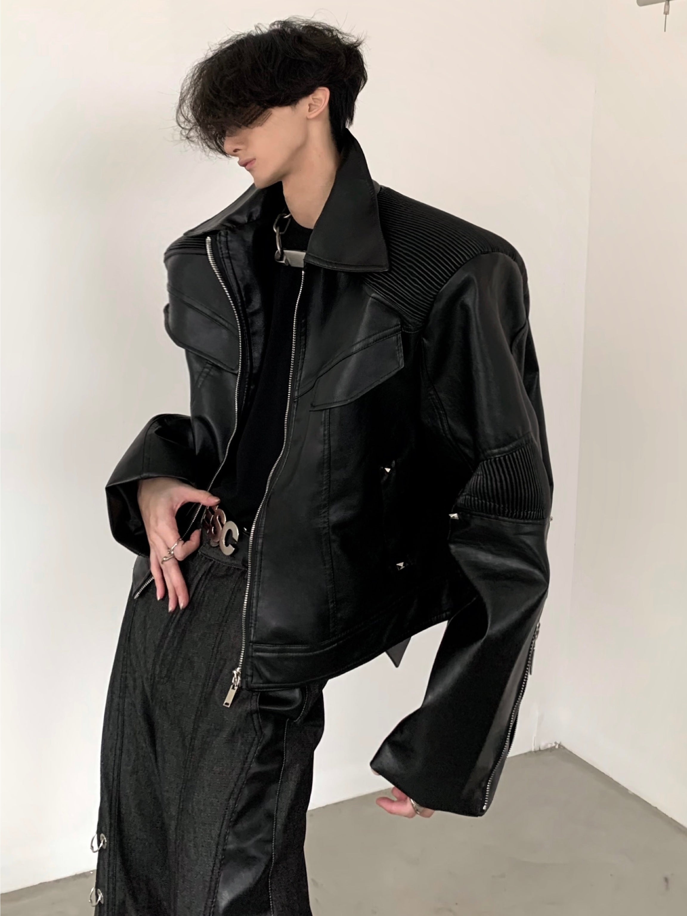 【24s March.】Deconstructed Black Leather Jacket-IYAMIUIO