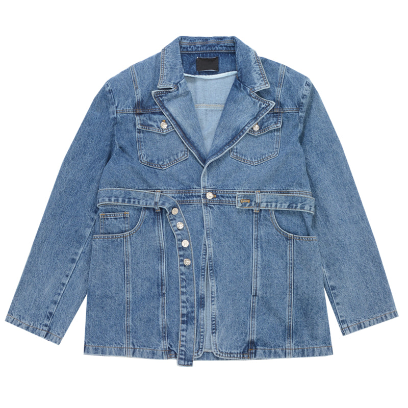 【23s November.】V-neck Denim Jacket with Cinched Waist-IYAMIUIO