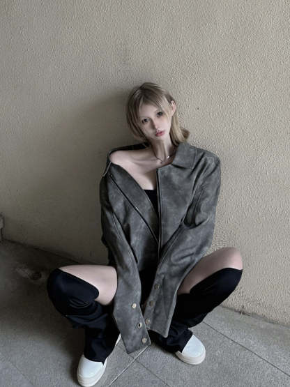 【23s November.】Tie-dye American Vintage Leather Jacket-IYAMIUIO