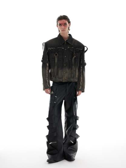 【24s Oct.】Distressed Raw Edge Deconstructed Web Denim Jacket-IYAMIUIO