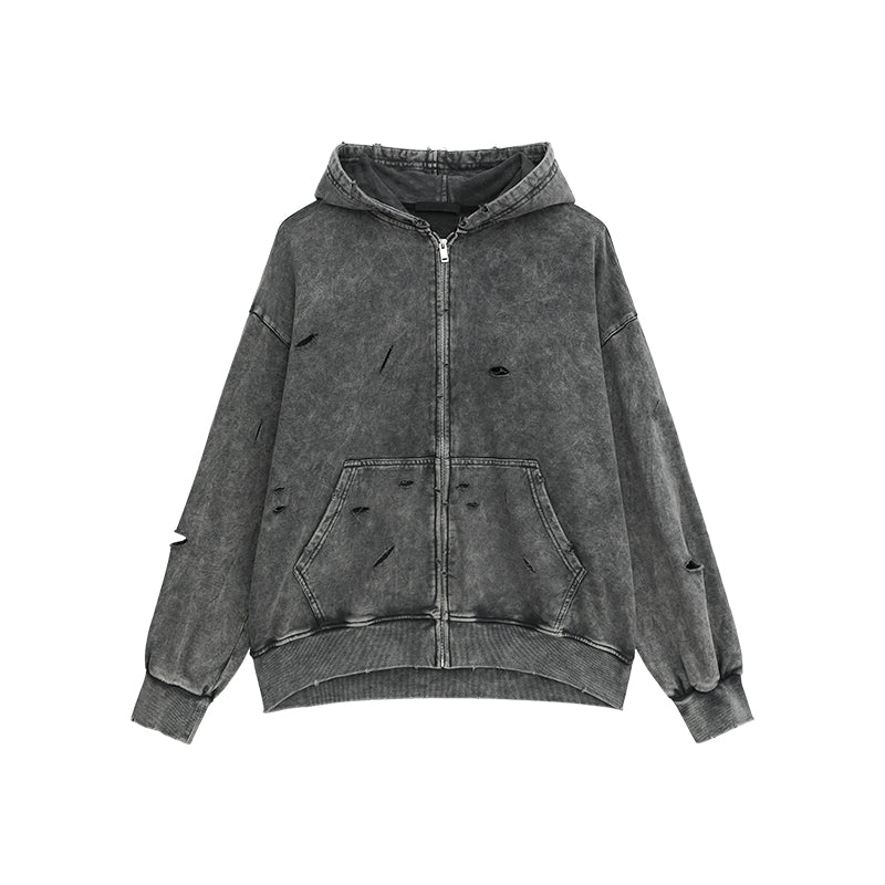 【24s March.】Destroyed Washed Distressed Hooded Cardigan Baggy Pants Suit-IYAMIUIO