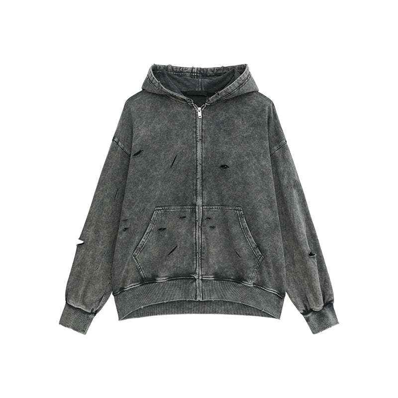 【24s March.】Destroyed Washed Distressed Hooded Cardigan Baggy Pants Suit-IYAMIUIO