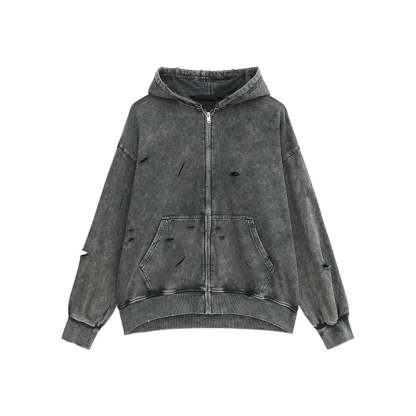 【24s March.】Destroyed Washed Distressed Hooded Cardigan Baggy Pants Suit-IYAMIUIO