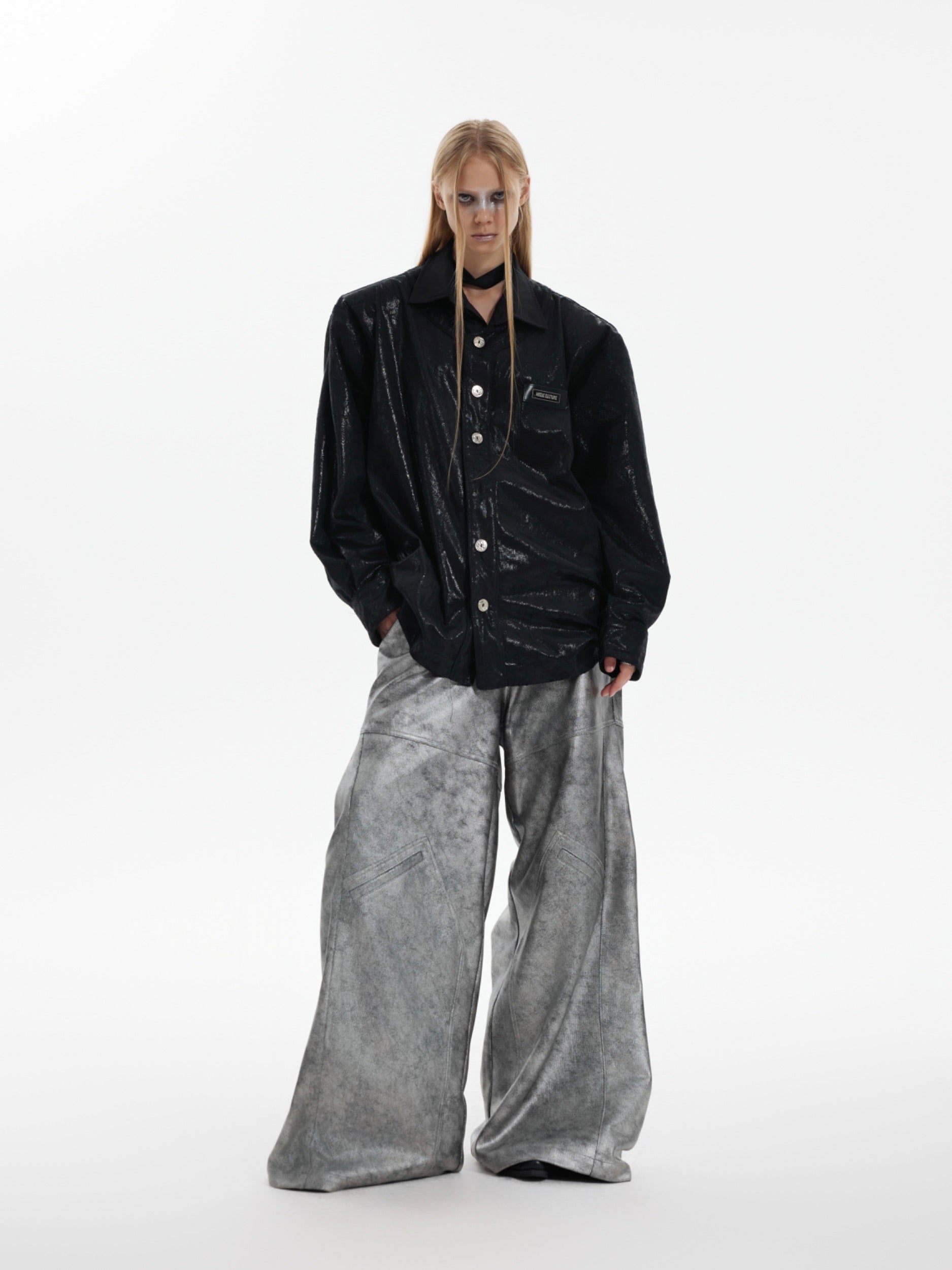 【24s Oct.】Liquid Texture Shiny Shoulder Pad Elegant Shirt-IYAMIUIO