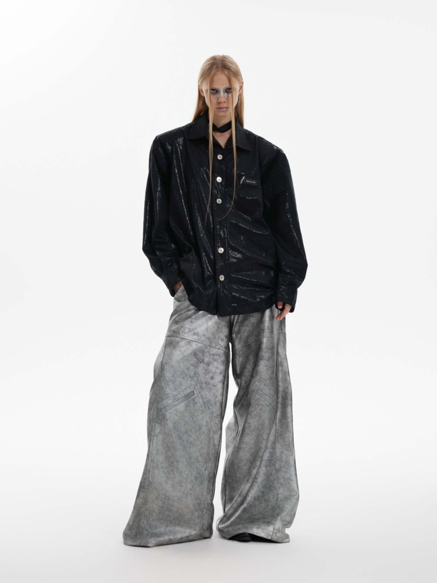 【24s Oct.】Liquid Texture Shiny Shoulder Pad Elegant Shirt-IYAMIUIO