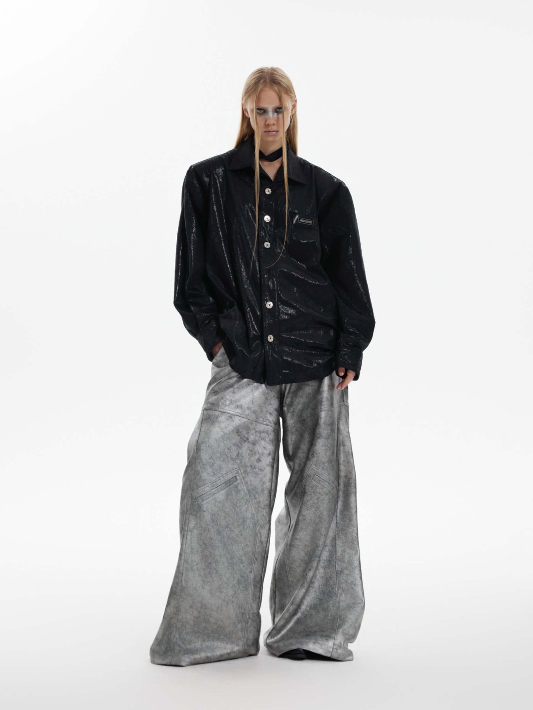 【24s Oct.】Liquid Texture Shiny Shoulder Pad Elegant Shirt-IYAMIUIO