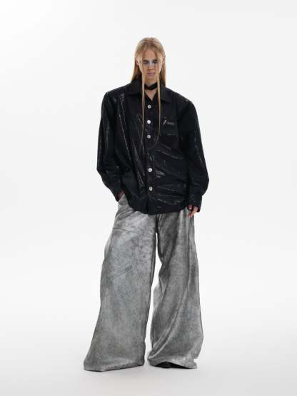 【24s Oct.】Liquid Texture Shiny Shoulder Pad Elegant Shirt-IYAMIUIO