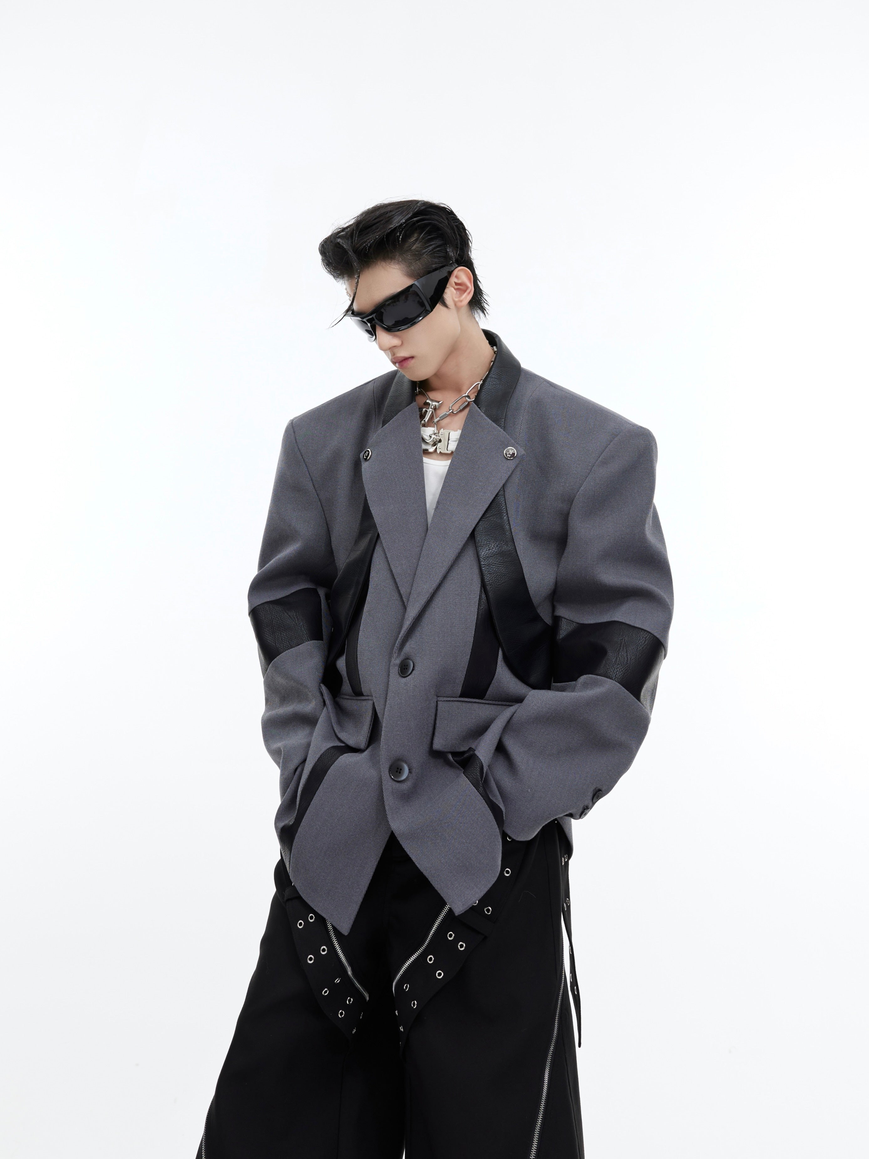 【24s February.】Deconstructed Patchwork Shoulder-padded Blazer-IYAMIUIO